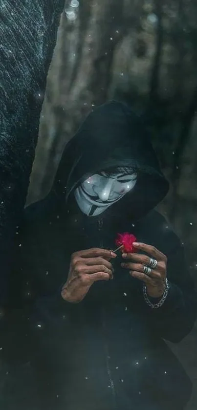 Masked figure holds a flower in a shadowy forest.