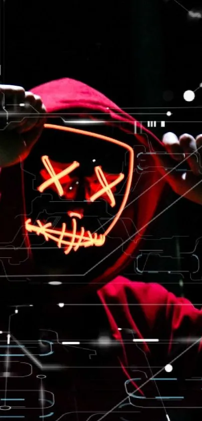 Mysterious figure in red hoodie with neon mask glowing in the dark.