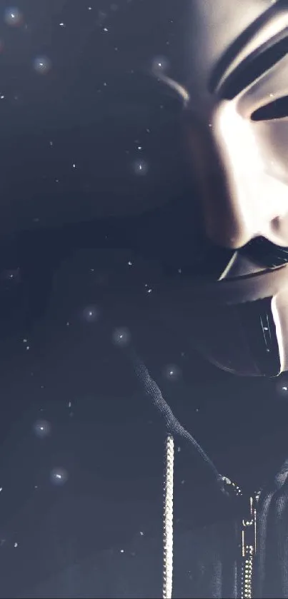 Mysterious hooded figure with a mask in darkness.