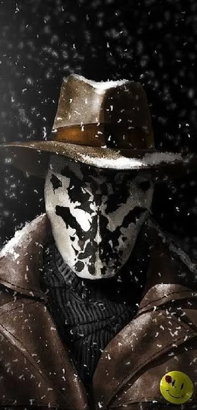 Mysterious figure in a snowy setting with a striking mask and a vintage brown coat.