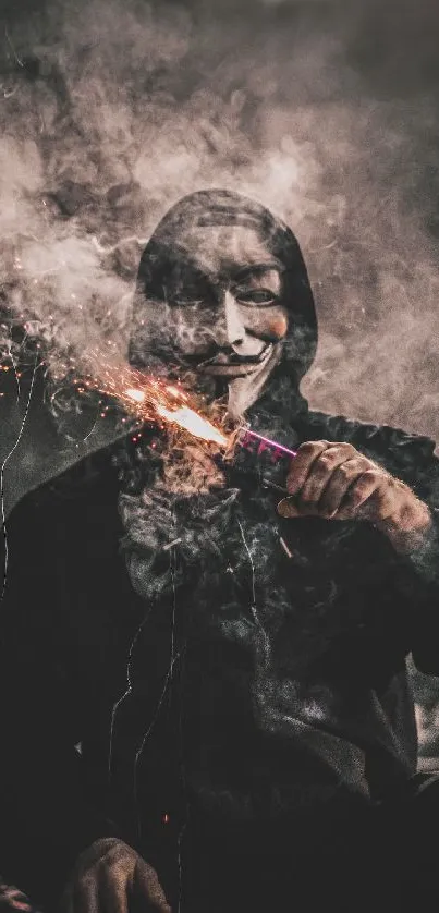 Masked figure with smoke and sparkler in dark urban setting.