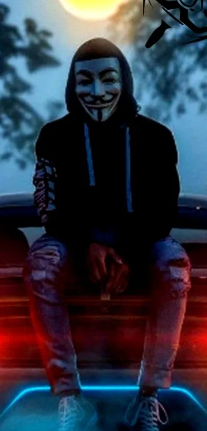 Masked figure sitting on car under moonlit sky.