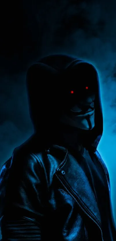 Hooded figure with mask in blue shadows and glowing red eyes.