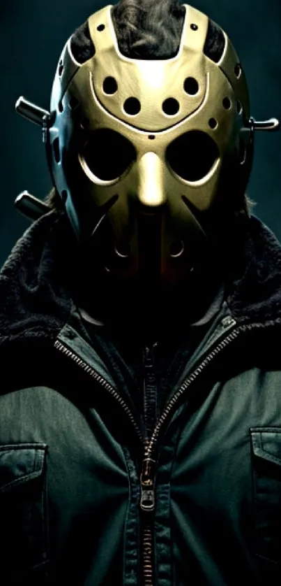 Mysterious figure with iconic mask in dark ambiance.