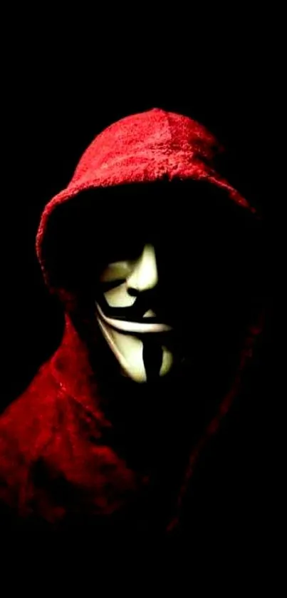 Dark wallpaper with mysterious red-hooded mask figure.