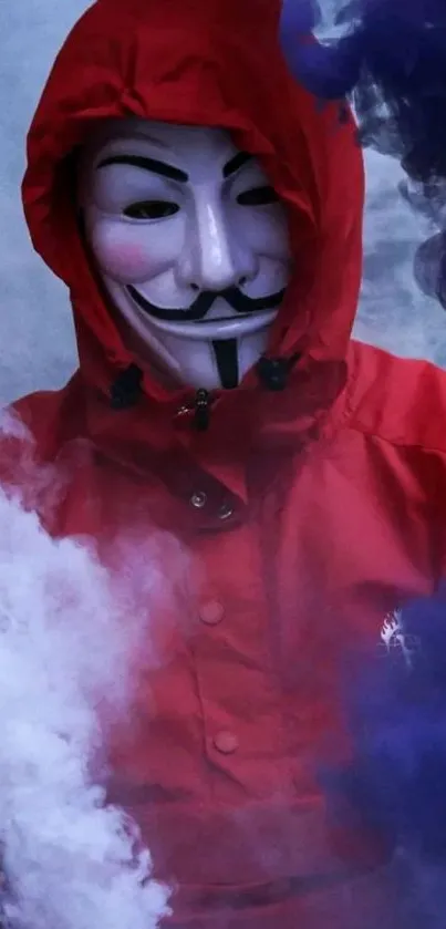 Masked figure in red hoodie with swirling smoke.