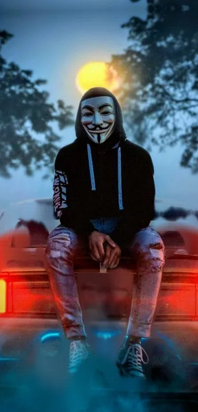 Mysterious figure in mask on car with glowing lights in a dark, moody setting.