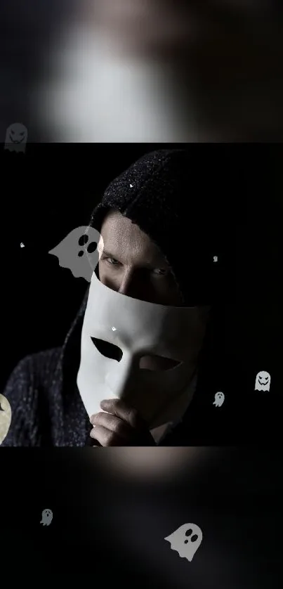 Mysterious masked figure with ghosts on a dark background.