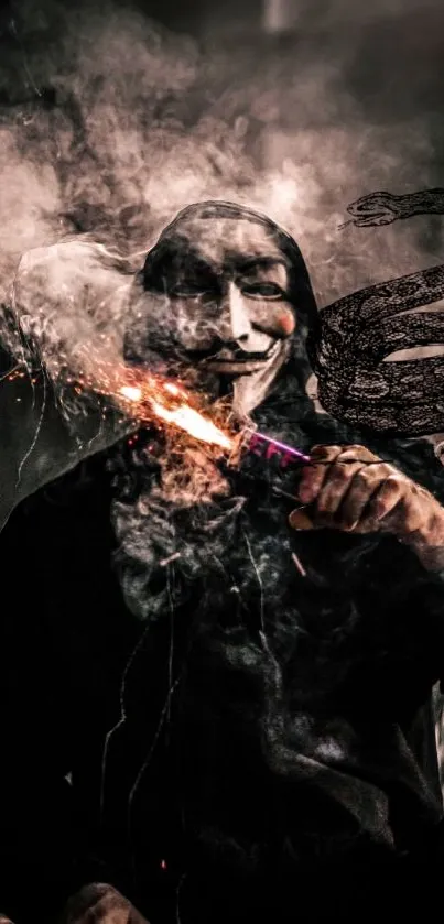 Masked figure surrounded by smoke with a mythical snake in the background.