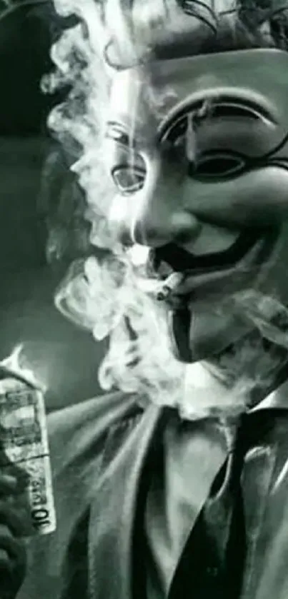 Masked figure with smoke and currency in grayscale wallpaper.