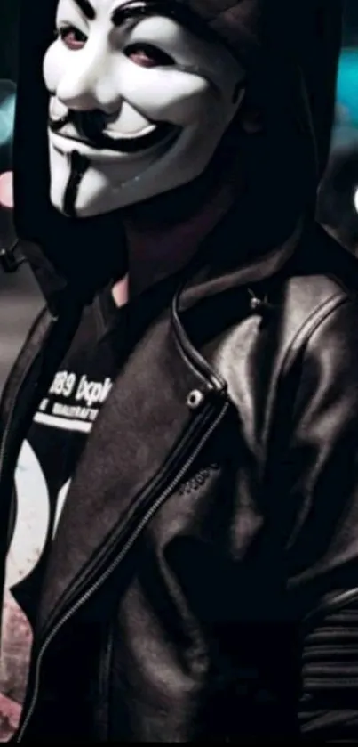 Masked figure in leather jacket at night.