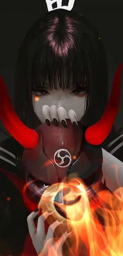 Anime girl with a red demon mask and flames background.