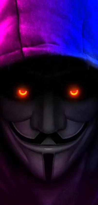 Masked figure with glowing eyes, vibrant hoodie.