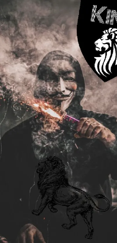 Masked figure with smoke and lion emblem on dark wallpaper.