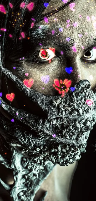 Mysterious figure with a textured mask on a dark background.