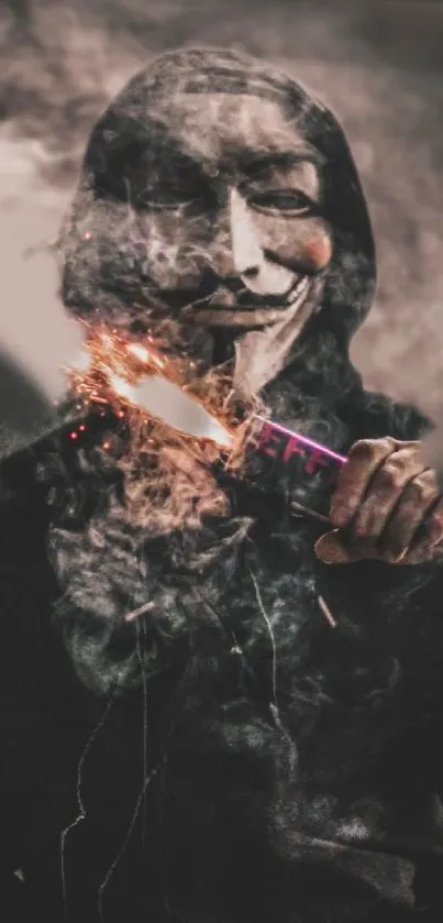 Mysterious masked figure with smoke effect and flare on a dark background.