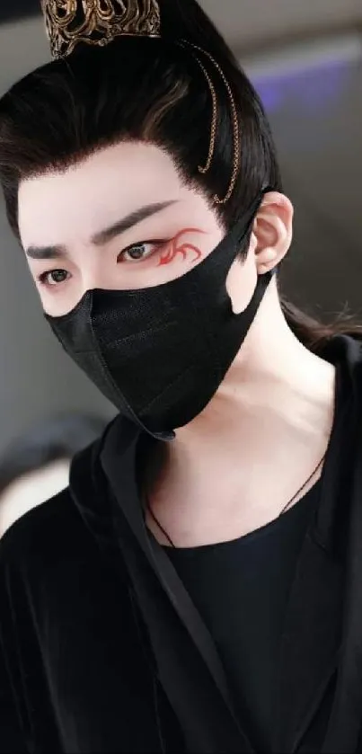 Mysterious character with a mask in black attire, showcasing red eye design.