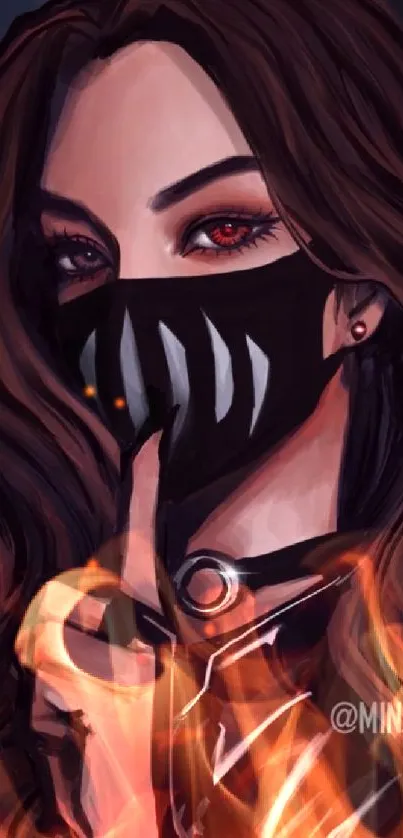 Mysterious masked woman with intense gaze and flowing hair in digital art style.