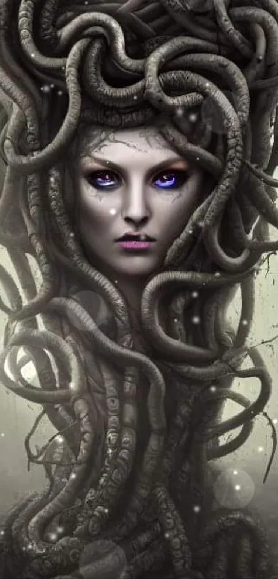 Surreal Medusa face with serpentine vines on a dark themed wallpaper.