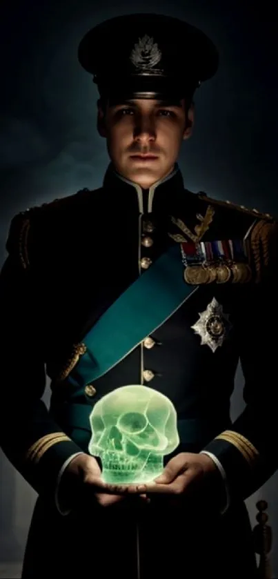 Regal soldier in uniform holding a glowing green skull.