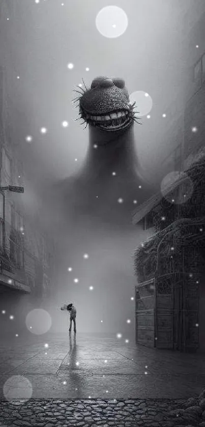 Eerie grayscale street scene with fog and a towering creature.