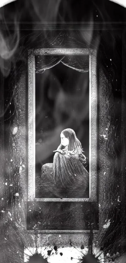 Artistic monochrome wallpaper with a mysterious girl in a frame.