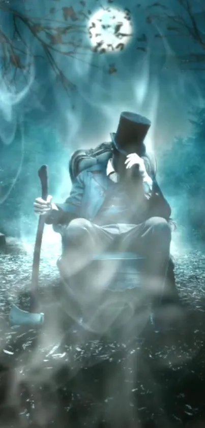 A mysterious figure with a top hat in a moonlit, misty forest scene.