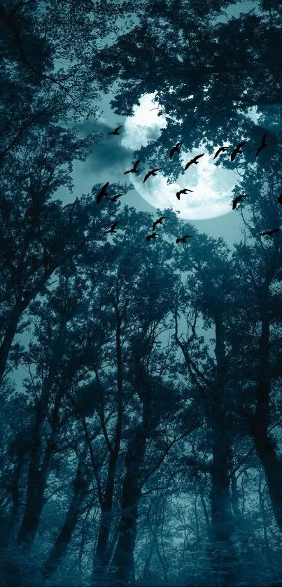 Moonlit forest with birds flying in a dark, mysterious night.