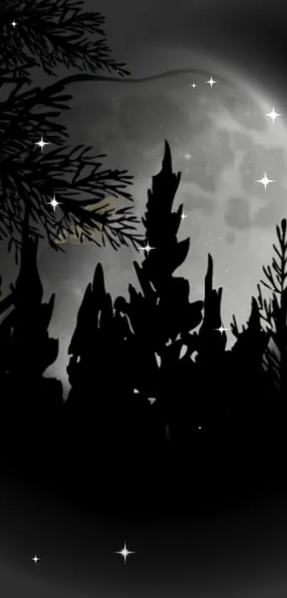 Silhouetted forest with a full moon and stars in a dark serene night sky.