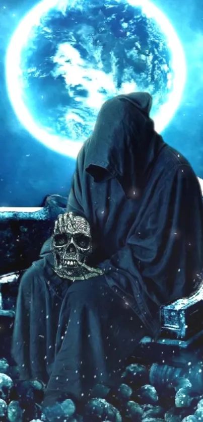 Mysterious hooded figure with skull under a blue moonlit sky.