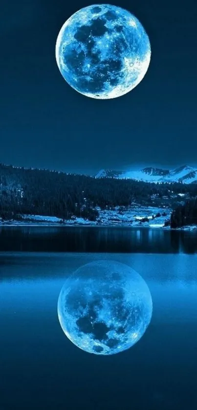 Luminous blue moon reflecting on calm lake at night.