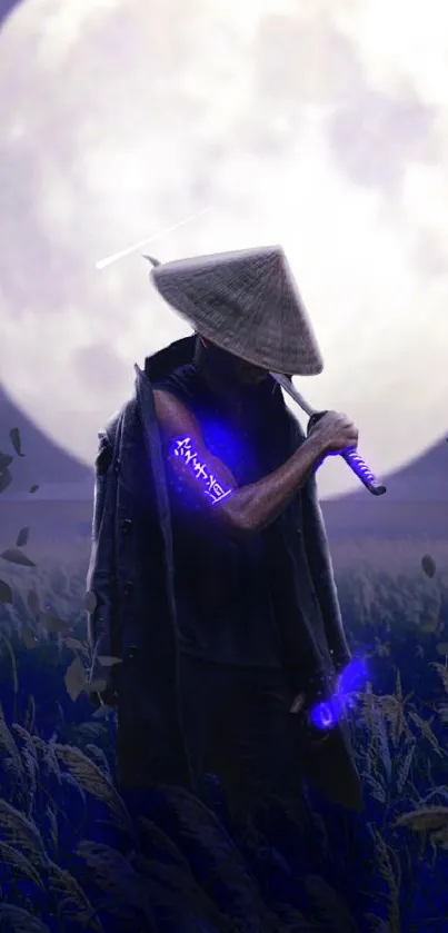 Moonlit warrior with glowing sword in a mystical field.