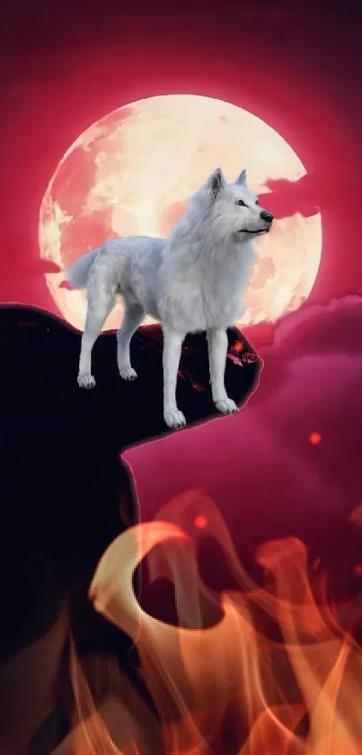 White wolf standing on cliff with red moon in background.