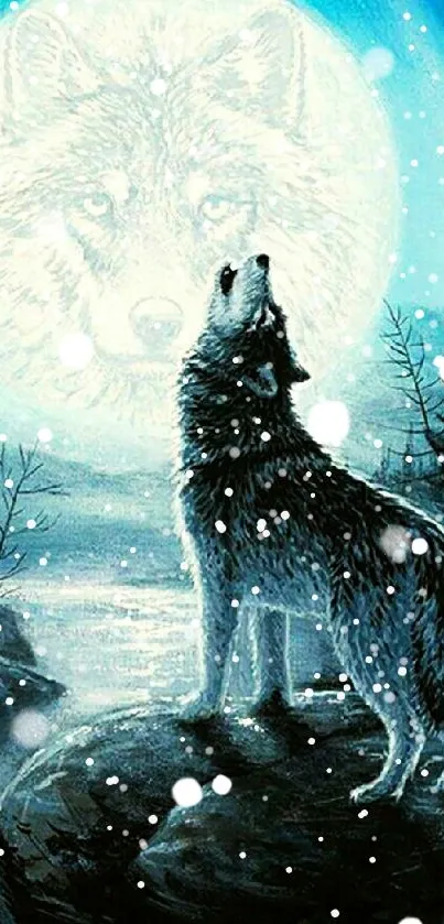 Wolves howling at a large moon in a mystical forest landscape.