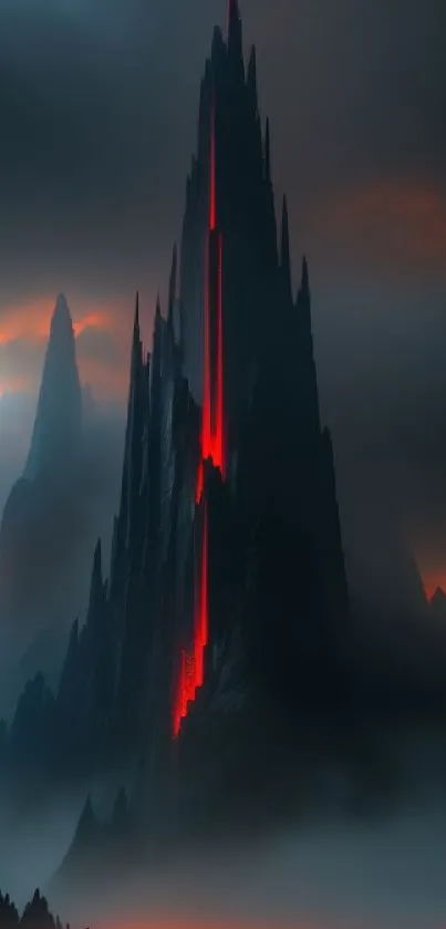 Mystical dark mountain with red glow amidst misty landscape.