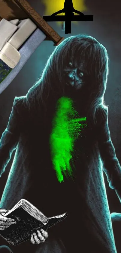 Enigmatic figure with neon green glow and surreal elements in dark wallpaper.