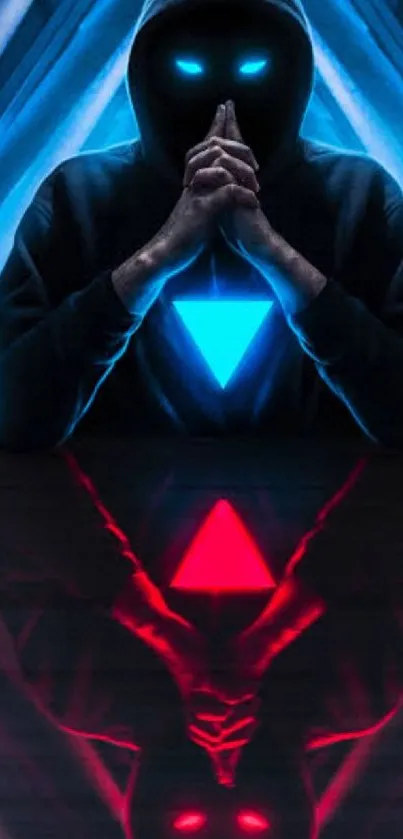 Mysterious hooded figure in neon blue and red glowing reflection.