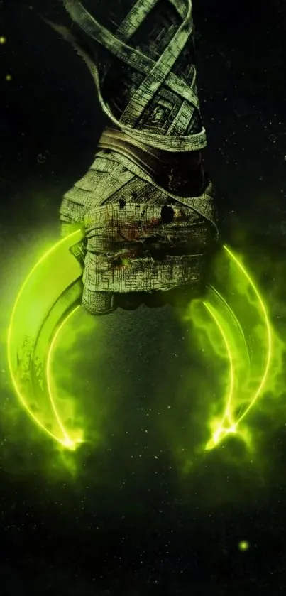 Mysterious neon green claw artwork in dark setting.