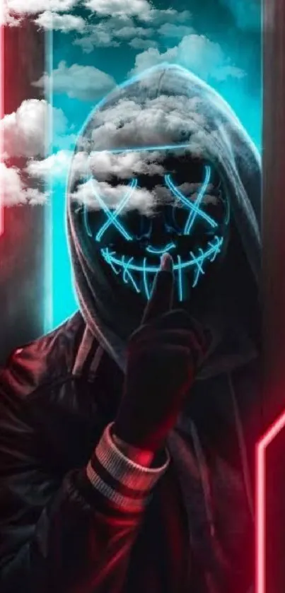 Hooded figure with neon blue smile in a dark, tech-inspired wallpaper.