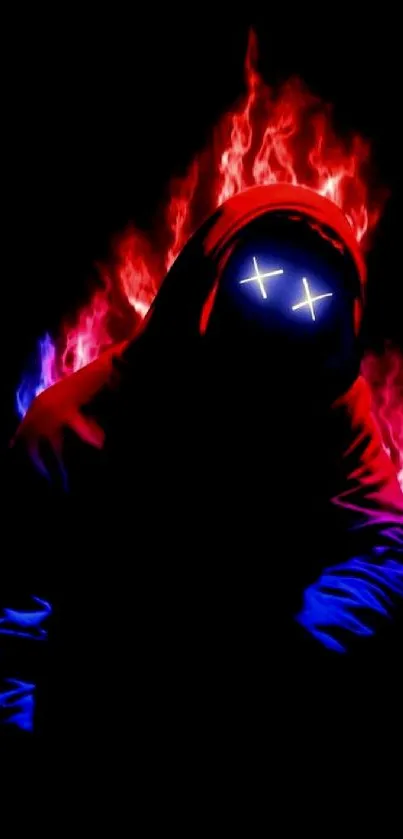 Neon hooded figure with red and blue flames.