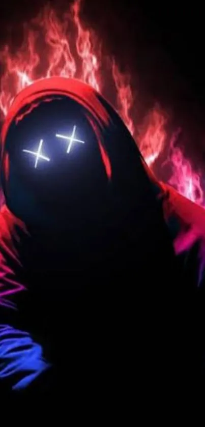 Mysterious figure in neon hoodie with glowing eyes and vibrant flames background.