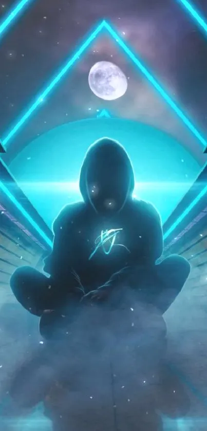 Neon-lit hoodie figure in abstract blue design under starry sky.