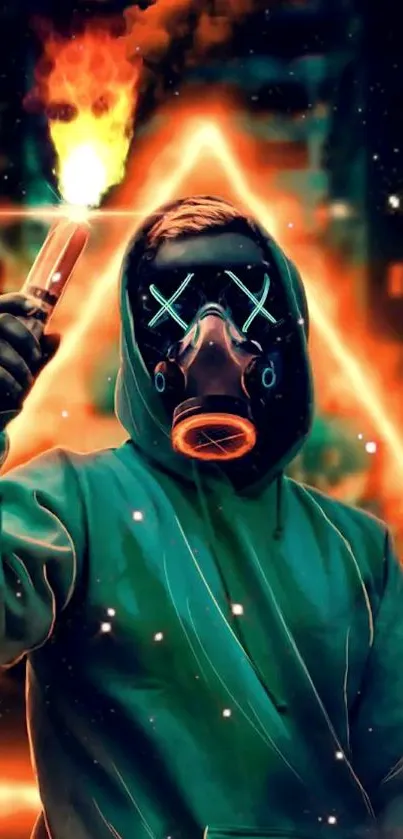 Figure in neon hoodie with gas mask holding a flare.