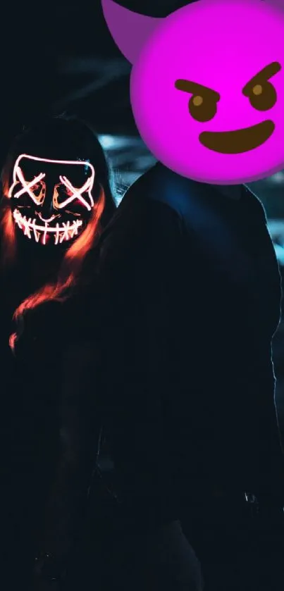 Mysterious wallpaper with neon masks in dark setting.