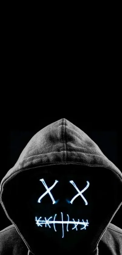 Mysterious neon mask on dark background, mobile wallpaper.