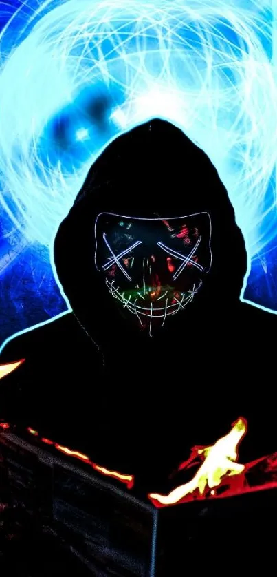 Hooded figure with neon mask and flames in a glowing blue background.