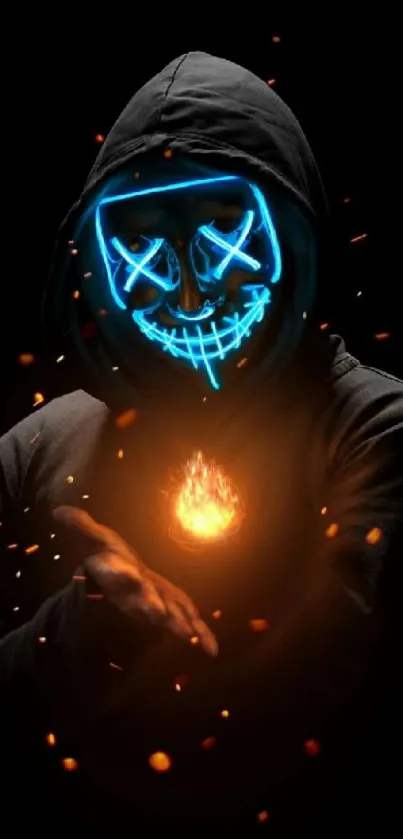 A hooded figure with a glowing neon mask and fiery light in the dark.