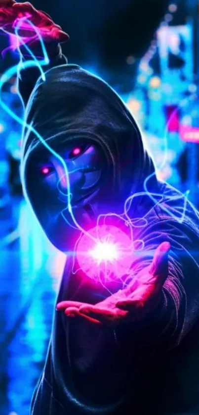 Mysterious hooded figure with neon mask and glowing blue effects.