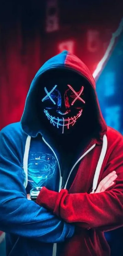 Hooded figure with neon mask in blue and red glow.