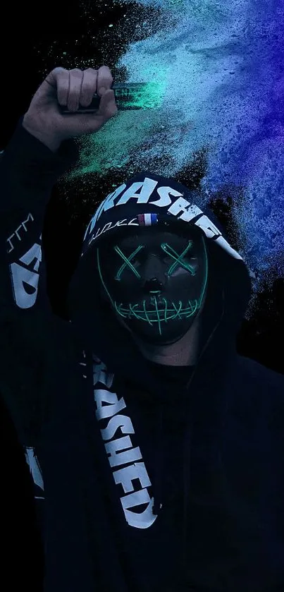 Mysterious figure with neon mask on black background.